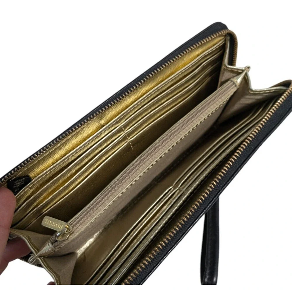 Fossil Sydney Wallet Black Metallic Gold Leather Wristlet Accordion Clutch